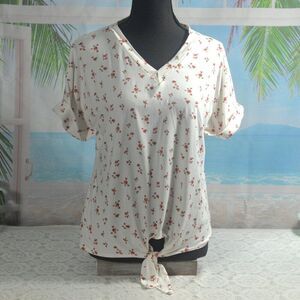 B Flawless Red Rose Floral V-Neck Tie Front Top Size Small